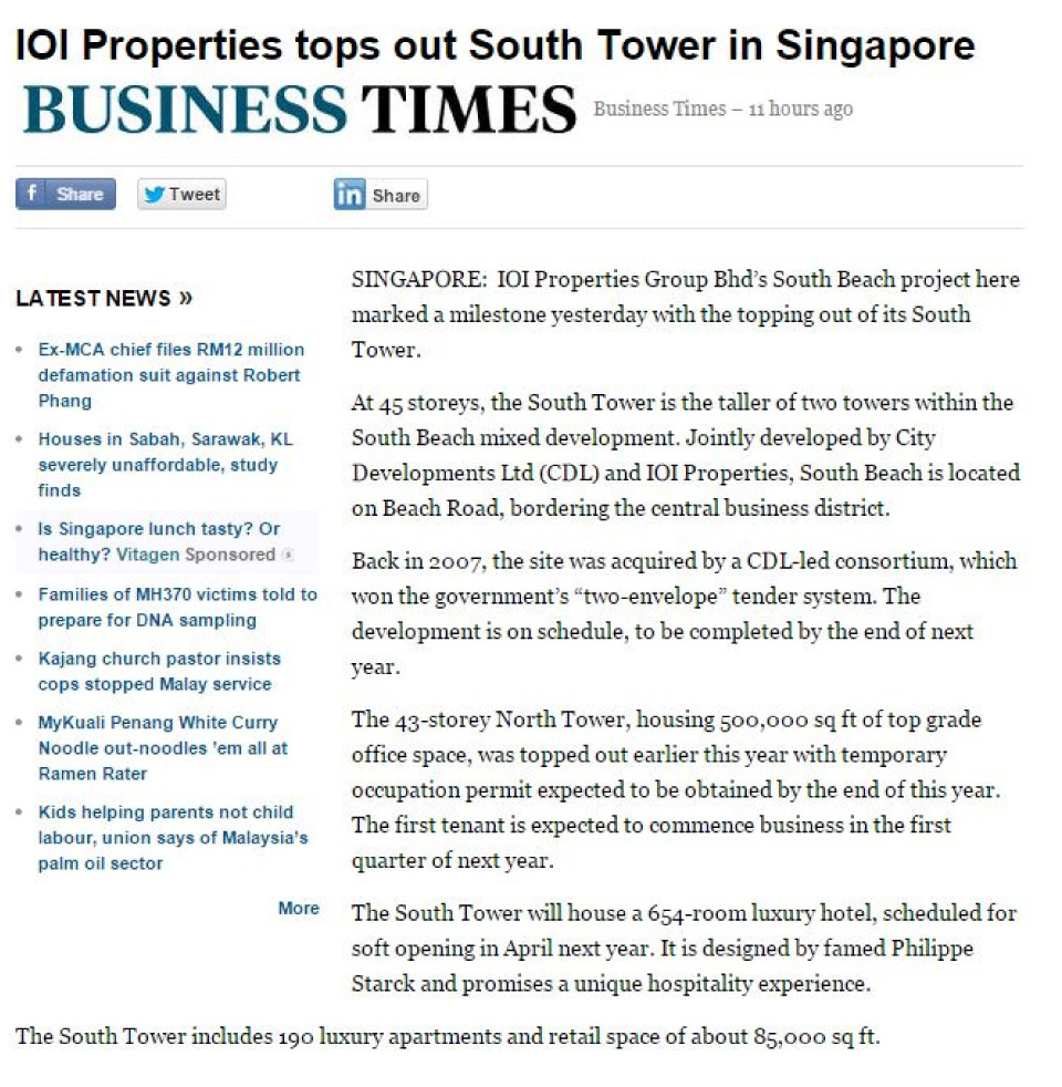 Business Times - IOI Properties tops out South Tower in Singapore